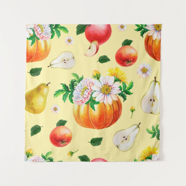 Tapiz calabaza naranja, crisantemo, peras, manzanas roja (Anverso)