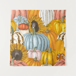 Tapiz Calabazas brillantes, girasoles, patrón dibujado a