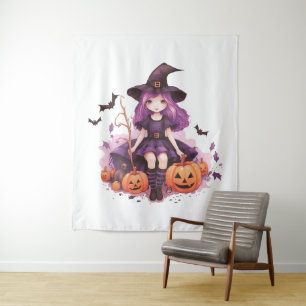 Tapiz Calabazas y batas de bruja moradas de bonito