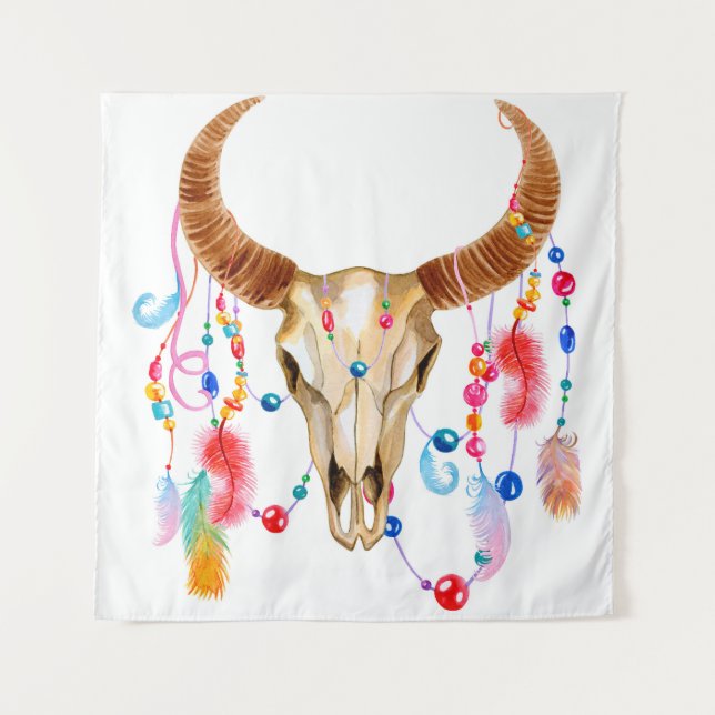 Tapiz Calavera acuarela aislada: fondo blanco. (Anverso)