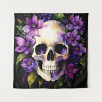 Calavera con flores moradas Gótico acuarela arte