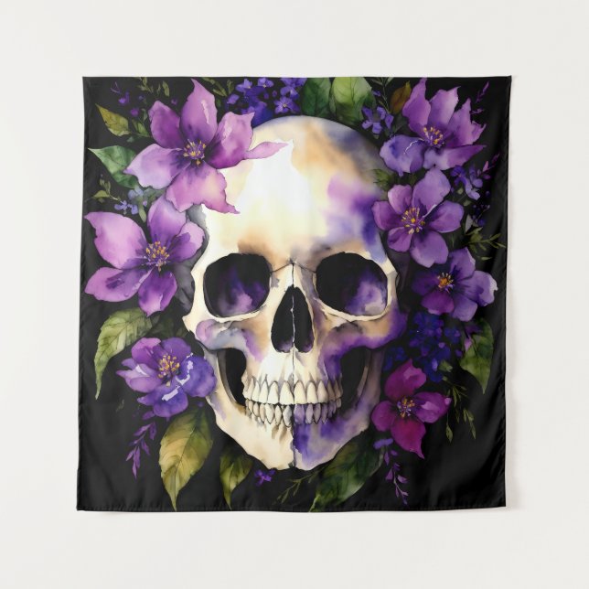 Tapiz Calavera con flores moradas Gótico acuarela arte (Anverso)