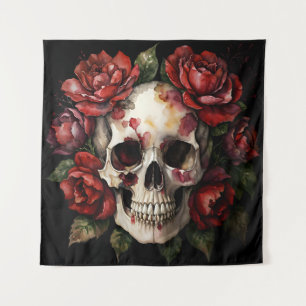 Tapiz Calavera con rosas rojas en negro