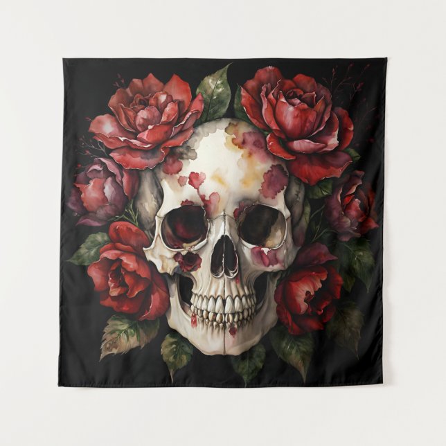 Tapiz Calavera con rosas rojas en negro (Anverso)