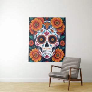 Tapiz Calavera de azúcar colorida con marigoles