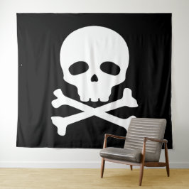 Tapiz Calavera de pirata blanca sobre fondo negro