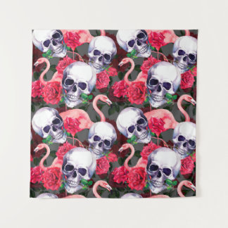 Tapiz Calavera humana con flamingo y flores rojas rojas