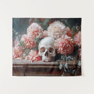 Tapiz Calavera vintage y flores rosas claras