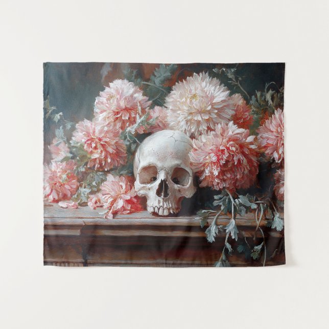 Tapiz Calavera vintage y flores rosas claras (Anverso (horizontal))