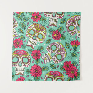 Tapiz Calavera y flores mexicanas, sin costura.