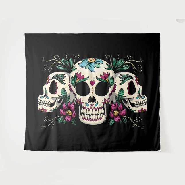 Tapiz Calaveras decorativas con flores (Anverso (horizontal))