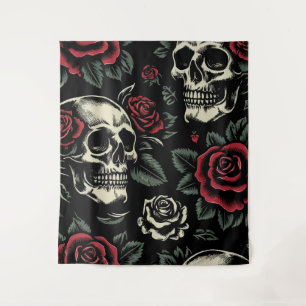 Tapiz Calaveras y rosas rojas florales góticas
