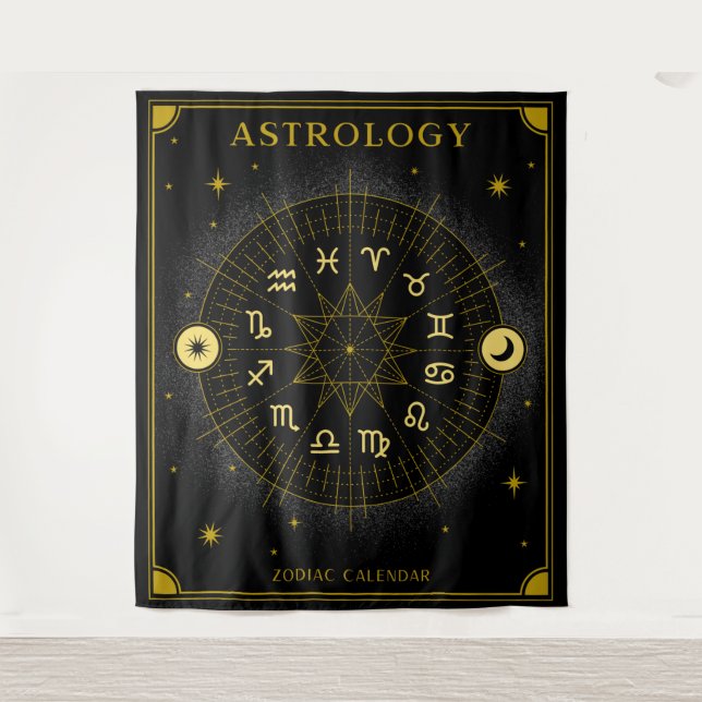 Tapiz Calendario Zodiaco de Astrología - Negro (Anverso)