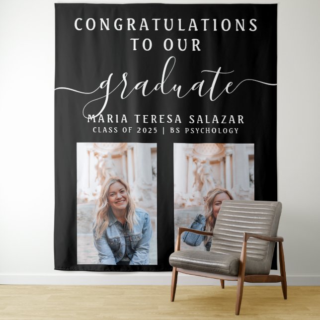 Tapiz Caligrafía de guion blanco y negro 2 Foto Graduaci (In situ)