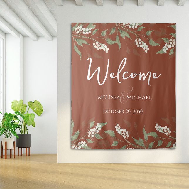 Tapiz Calligrafía floral de Terracotta Ampersand Greener (Terracotta Calligraphy Welcome Wedding Backdrop. )