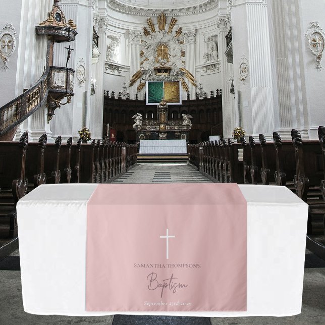 Tapiz Camino de mesa para bautizo de niña rosa (Pink Girl Cross Christening Baptism Table Runner Tapestry)