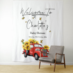 Tapiz Camión rojo vintage con Baby Shower de girasoles