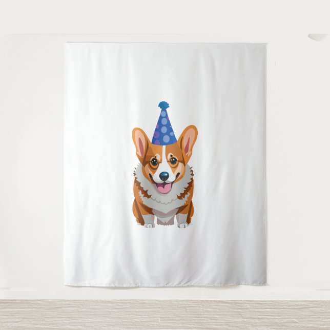 Tapiz Camiseta clásica Corgi Cumpleaños Azul (Anverso)