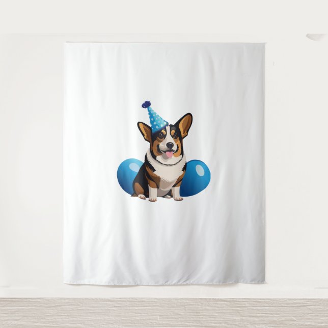 Tapiz Camiseta clásica Cumpleaños Corgi Azul (Anverso)