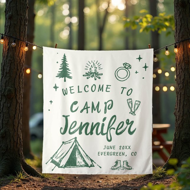 Tapiz Campamento Bachelorette Camping Bienvenido Mano Ve (camp bachelorette welcome sign green hand drawn handwriting hand written camping glamping hiking)