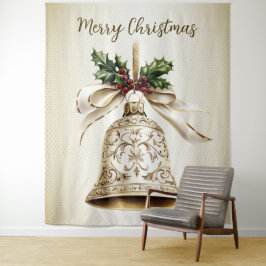 Tapiz Campana de Navidad Dorada Estrellas Brillantes Hoj