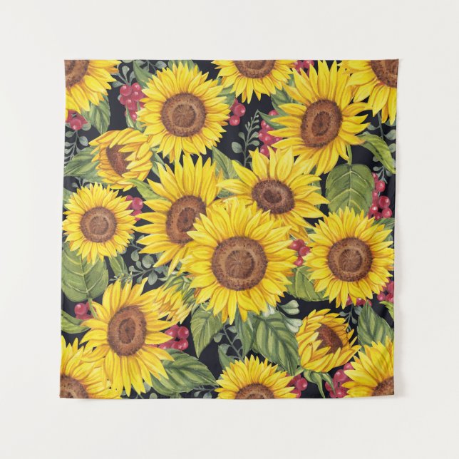 Tapiz Campo de girasoles: fondo negro de acuarela (Anverso)