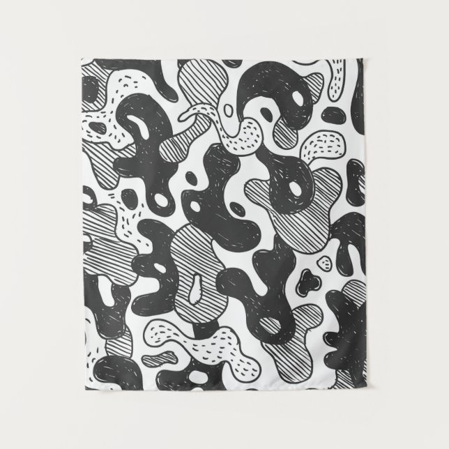 Tapiz camuflaje de estilo doodle abstracto, negro (Anverso)