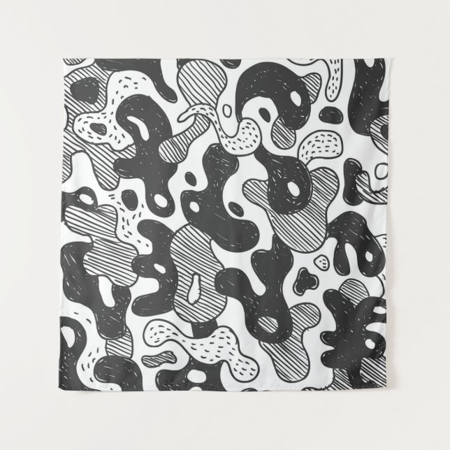 Tapiz camuflaje de estilo doodle abstracto, negro (Anverso)