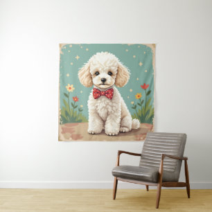 Tapiz Caniche blanco adorable con corbata de lazo