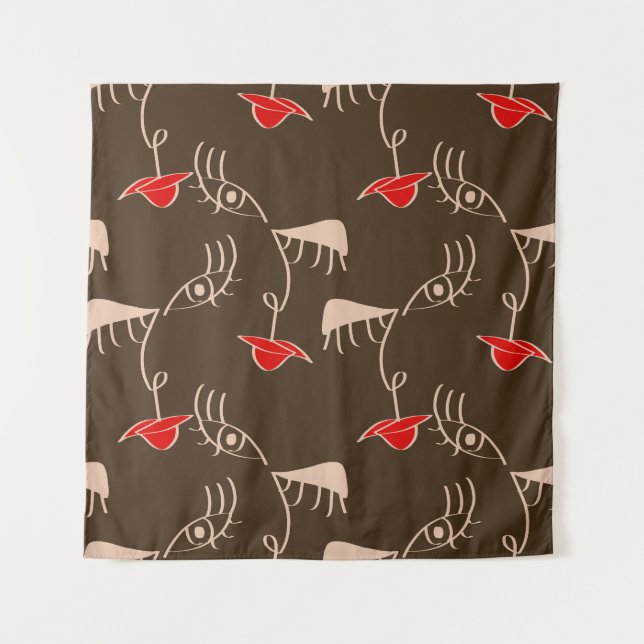 Tapiz Cara de mujer de una línea: patrón abstracto. (Anverso)