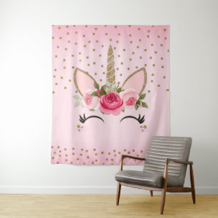 Tapiz Cara de Unicornio con Brillo Dorado y Floral Rosa
