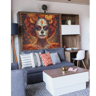Tapiz Cara pintada de oro de Dia de los Muertos