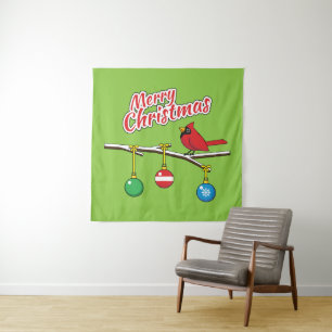Tapiz Cardenal Rojo en Rama Desnuda de Navidad - Feliz N