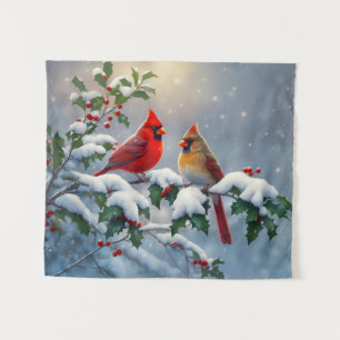 Tapiz Cardenales rojos y acebo en la nieve