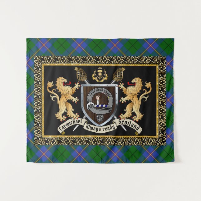 Tapiz Carmichael Clan Badge & Motto con Leones (Anverso (horizontal))