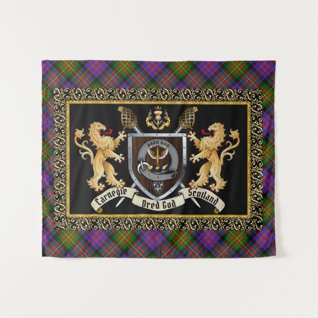 Tapiz Carnegie Clan Badge & Motto con Leones (Anverso (horizontal))