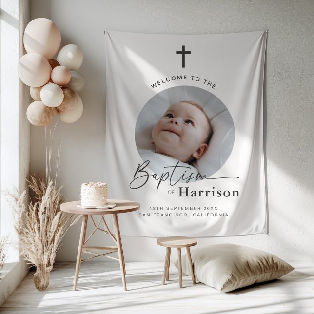 Tapiz Cartel de bienvenida de bautizo con foto redonda (Zazzle Round Photo Baptism - Welcome Sign Tapestry)