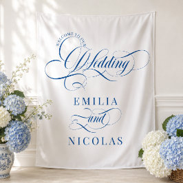 Tapiz Cartel de bienvenida de boda de lujo azul y blanco