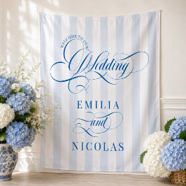 Tapiz Cartel de bienvenida de boda de lujo azul y blanco