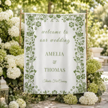 Cartel de bienvenida de boda floral verde