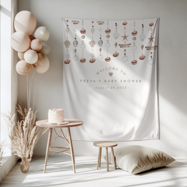 Tapiz Cartel de bienvenida de concha de playa Boho (Zazzle Boho Beach Shell Welcome Sign Tapestry)