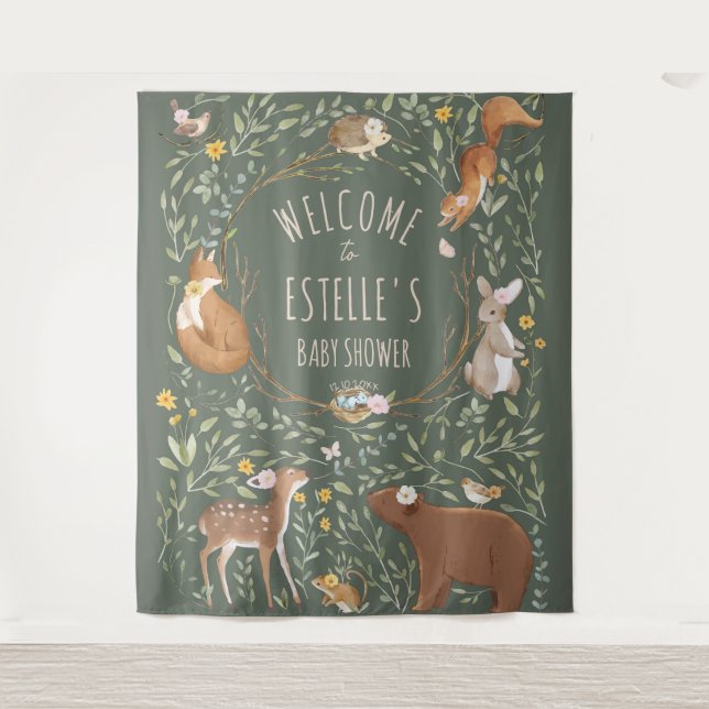 Tapiz Cartel de bienvenida para baby shower de animales  (Anverso)