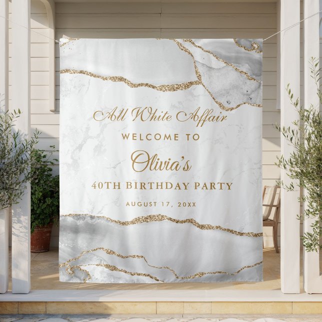 Tapiz Cartel de bienvenida para fiesta de cumpleaños con (Elegant White and Gold Agate Birthday Party Backdrop)