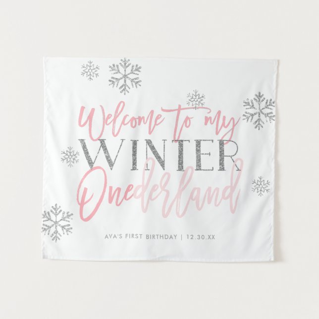 Tapiz Cartel de bienvenida plateado con brillo rosa de W (Anverso (horizontal))