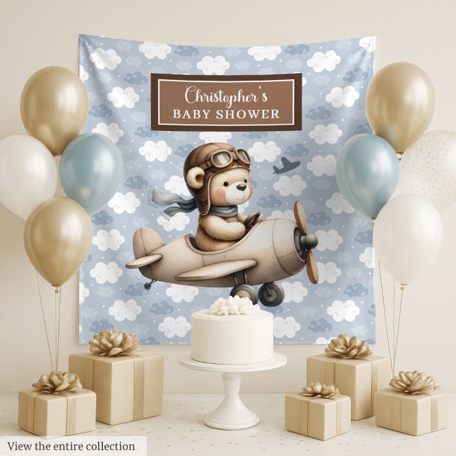 Tapiz Cartel de celebración de la ducha de niño con oso  (Cute teddy bear pilot boy shower celebration sign Tapestry)