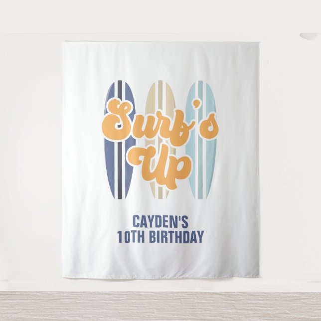 Tapiz Cartel de cumpleaños de Surf's Up Surfboard Beach (Anverso)