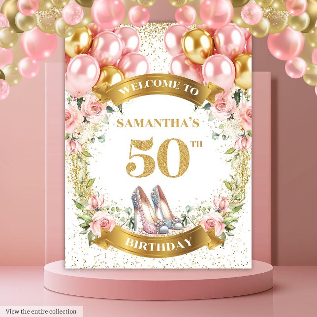 Tapiz Cartel del bonito 50 Nacimiento de los tacones ros (Pretty 50th Birthday Pink Heels Boho Party Banner Tapestry )