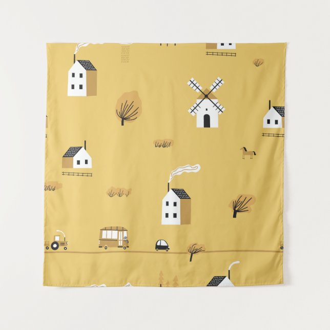 Tapiz Casa colorida, árboles, paisaje de caballos (Anverso)