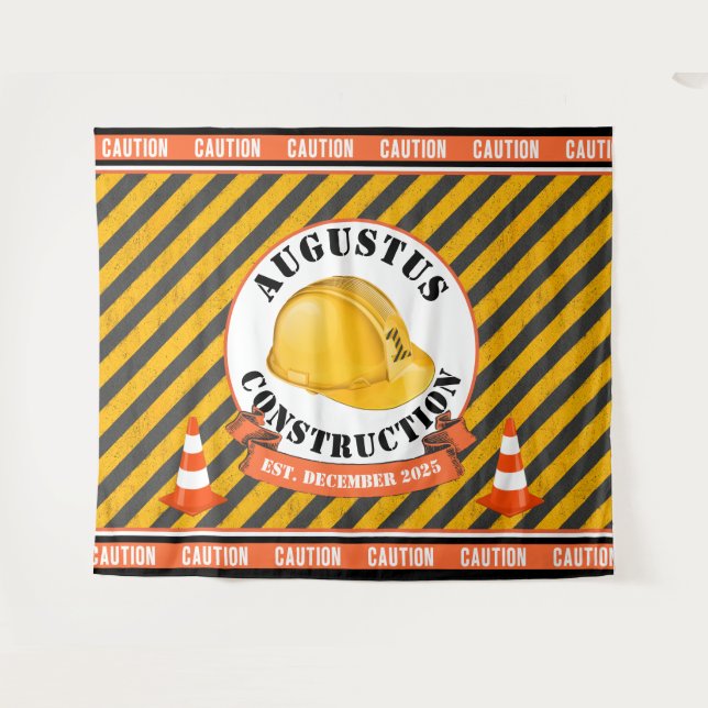 Tapiz Casco de obra|Cumpleaños número 1 negro y amarillo (Anverso (horizontal))