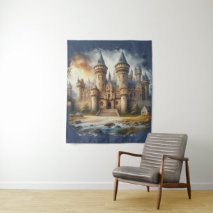 Tapiz Castillo medieval al atardecer con cielos atmosfér